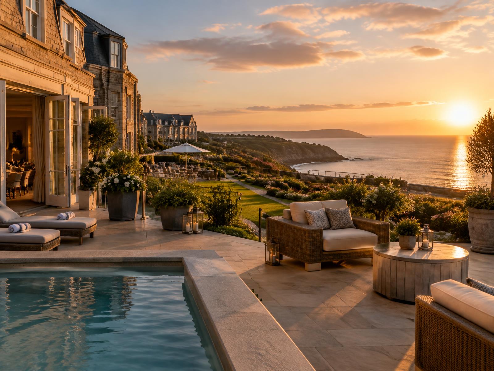 Coastal hotel terrace and gardens at sunset